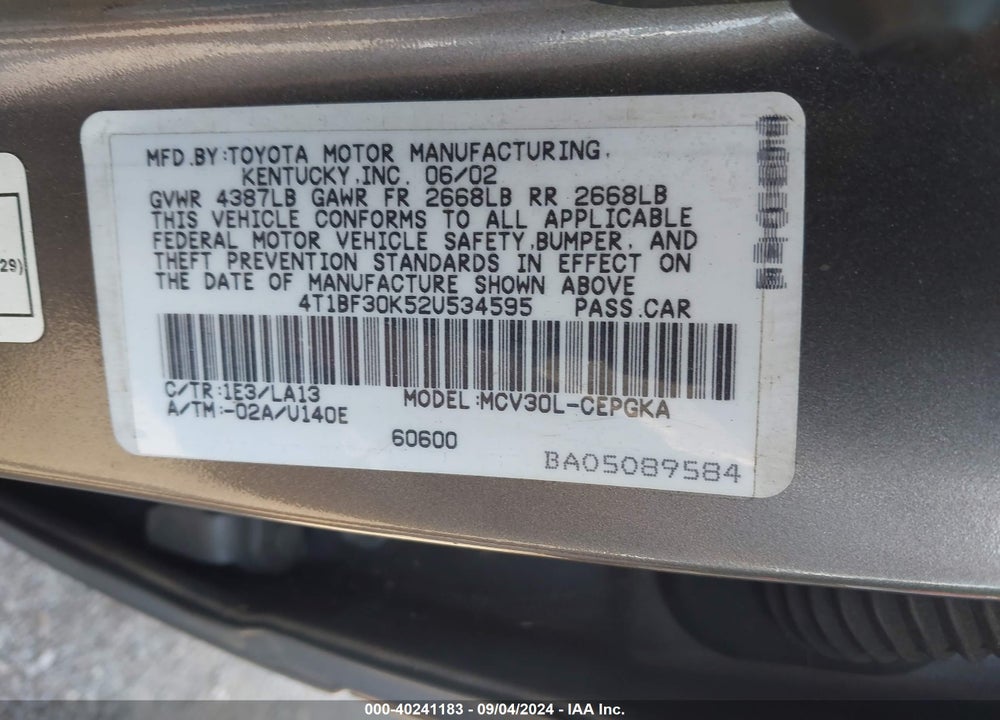2002 TOYOTA CAMRY XLE V6 VIN: 4T1BF30K52U534595
