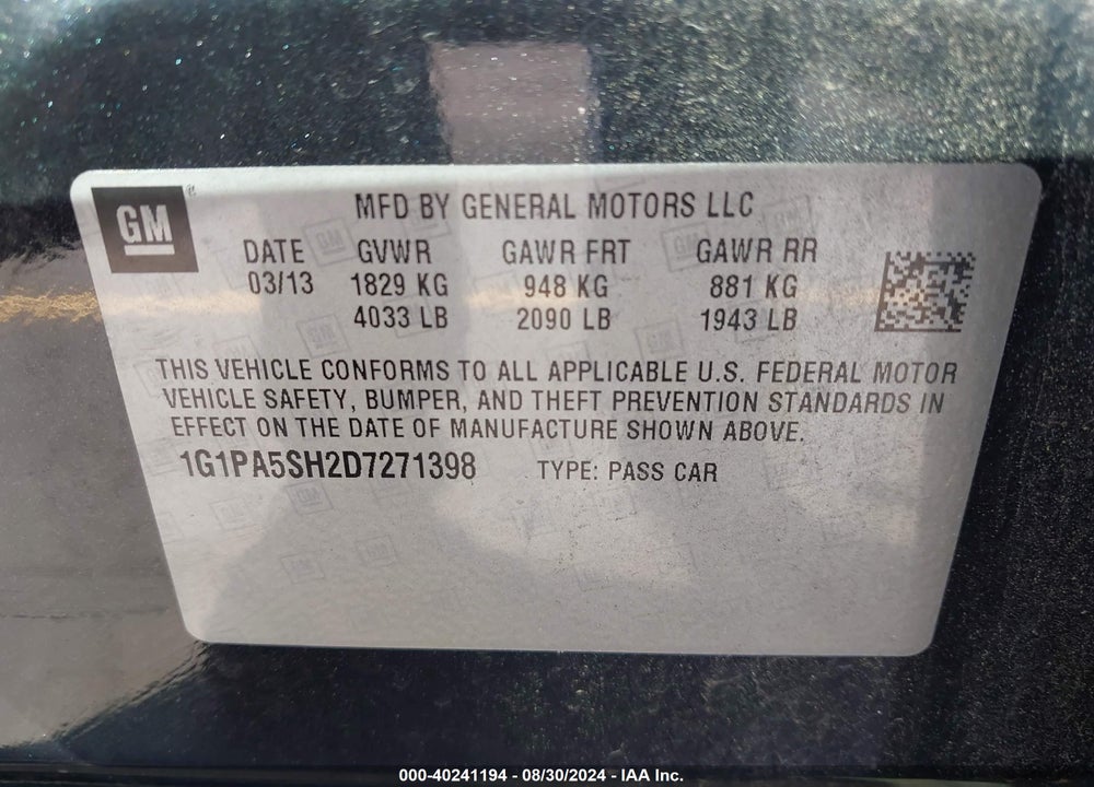 2013 CHEVROLET CRUZE LS AUTO VIN: 1G1PA5SH2D7271398