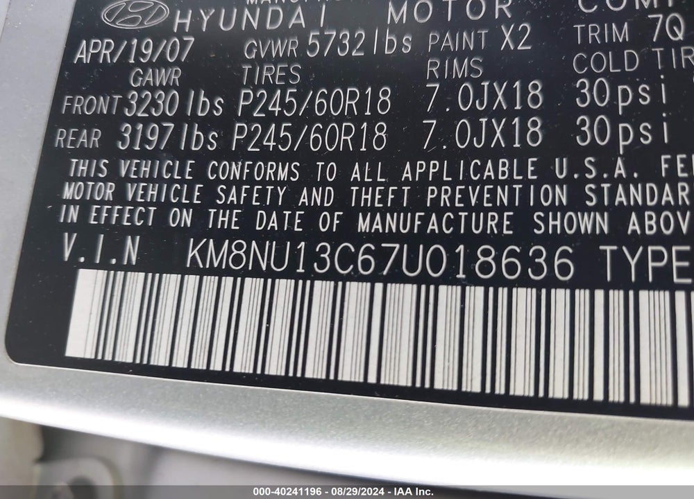 2007 HYUNDAI VERACRUZ GLS/LIMITED/SE VIN: KM8NU13C67U018636
