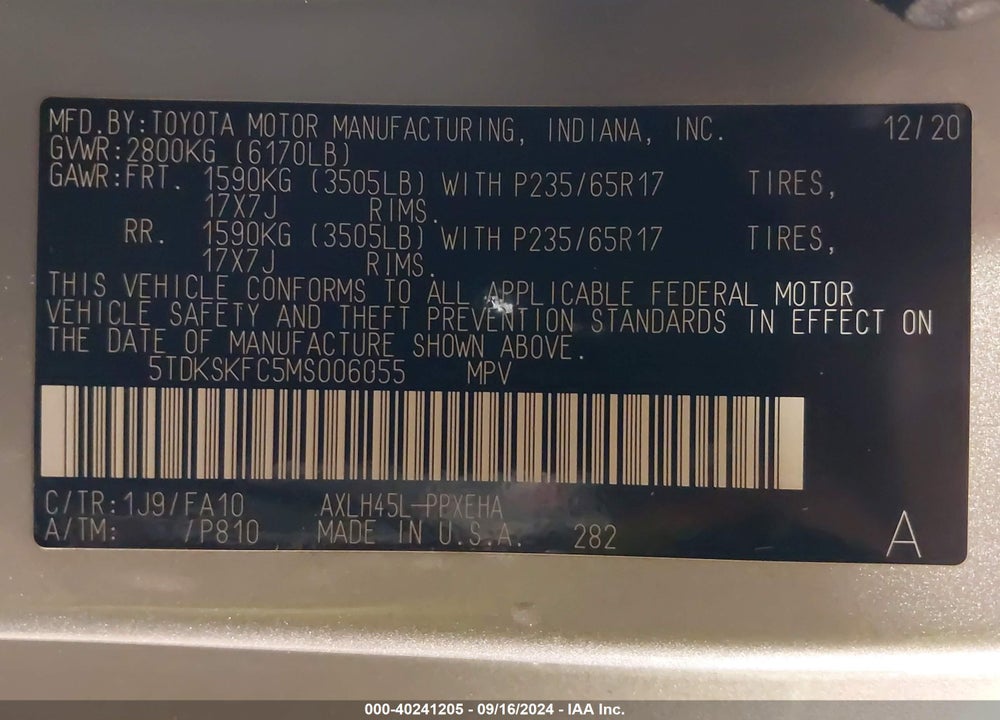 2021 TOYOTA SIENNA LE VIN: 5TDKSKFC5MS006055