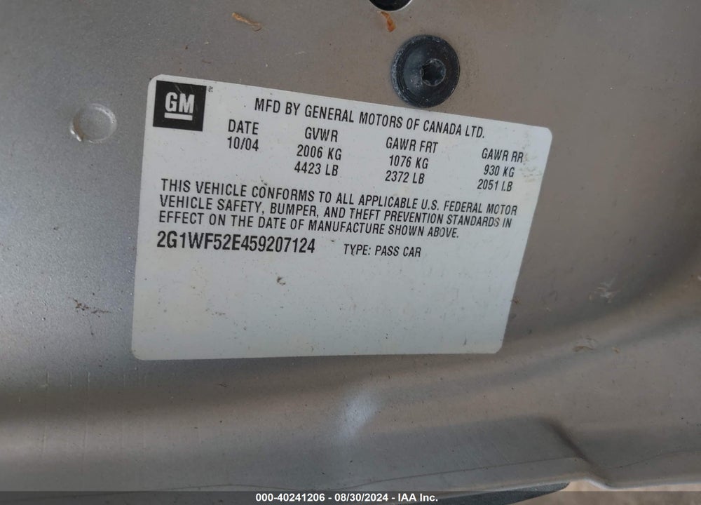 2005 CHEVROLET IMPALA VIN: 2G1WF52E459207124