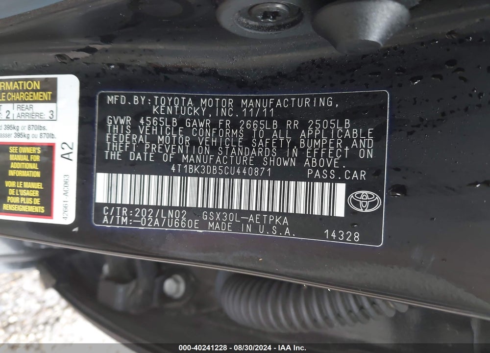 2012 TOYOTA AVALON LIMITED VIN: 4T1BK3DB5CU440871