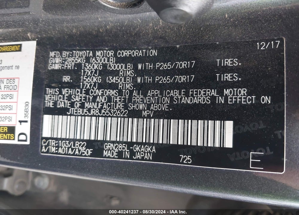 2018 TOYOTA 4RUNNER SR5 PREMIUM VIN: JTEBU5JR8J5532622