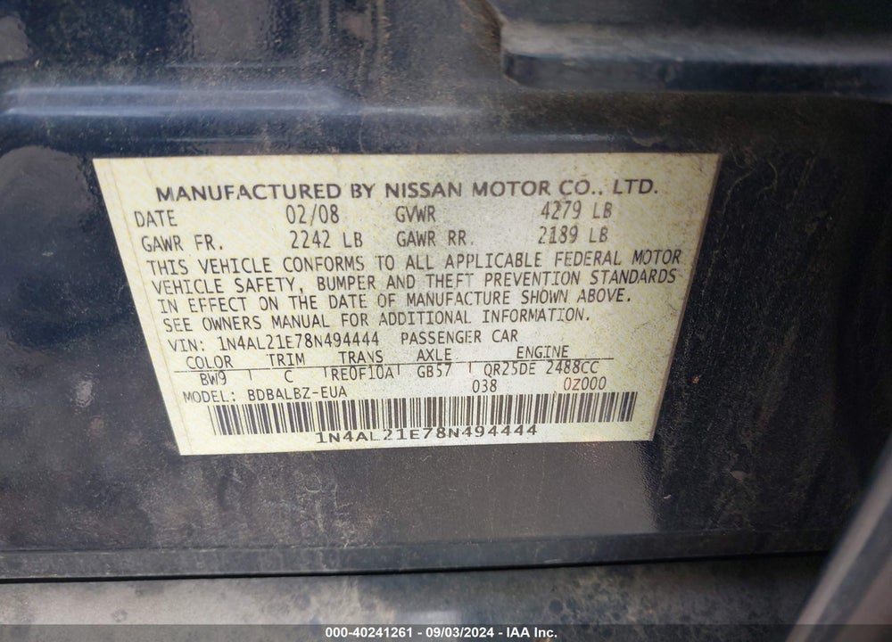 2008 NISSAN ALTIMA 2.5 S VIN: 1N4AL21E78N494444