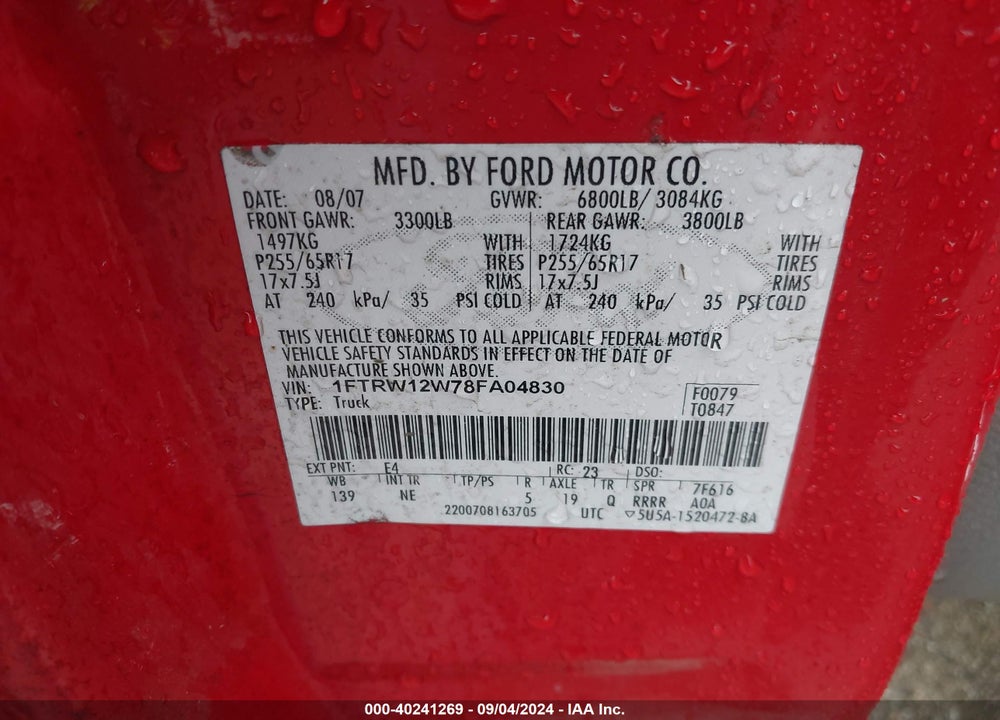 2008 FORD F-150 60TH ANNIVERSARY/FX2/XL/XLT VIN: 1FTRW12W78FA04830