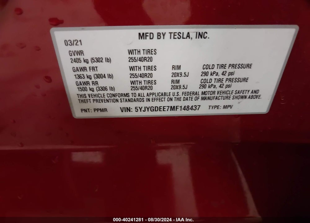 2021 TESLA MODEL Y LONG RANGE DUAL MOTOR ALL-WHEEL DRIVE VIN: 5YJYGDEE7MF148437