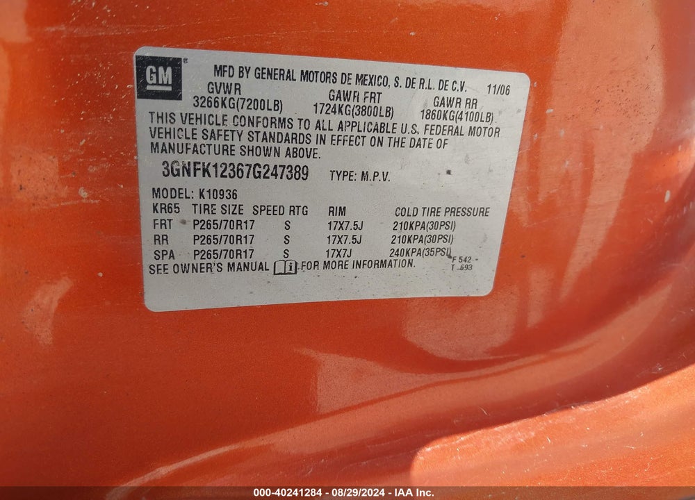 2007 CHEVROLET AVALANCHE 1500 LT VIN: 3GNFK12367G247389