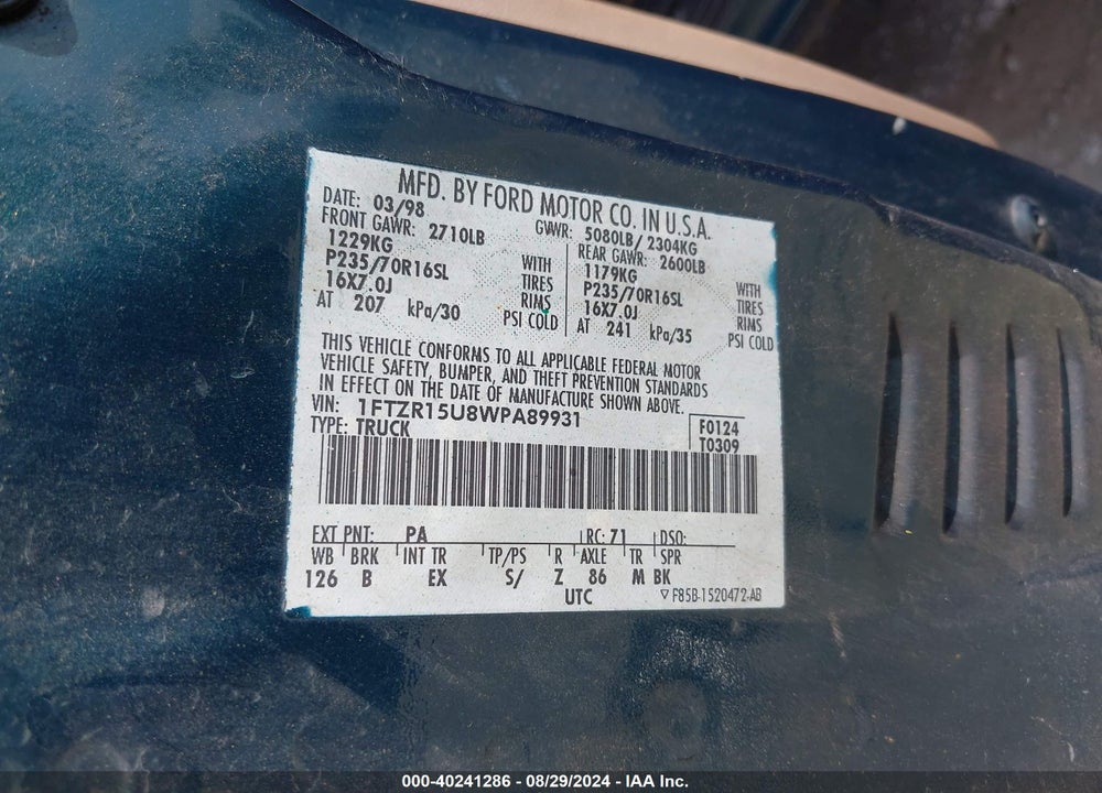 1998 FORD RANGER SPLASH/XL/XLT VIN: 1FTZR15U8WPA89931