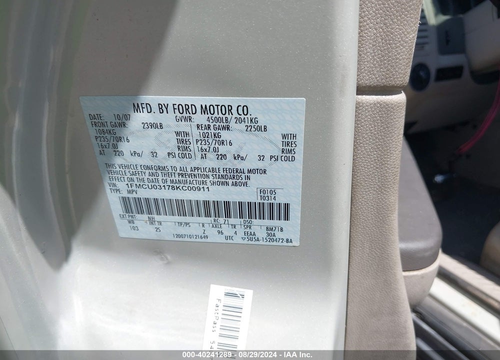 2008 FORD ESCAPE XLT VIN: 1FMCU03178KC00911