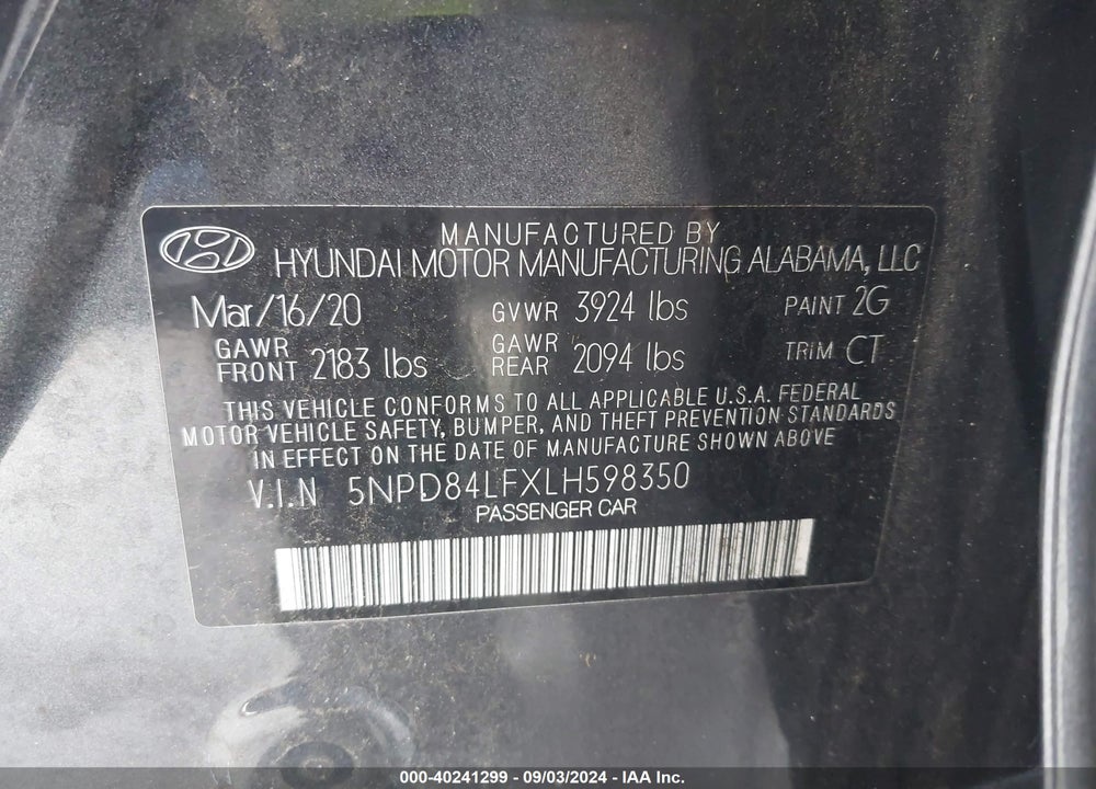 2020 HYUNDAI ELANTRA VIN: 5NPD84LFXLH598350
