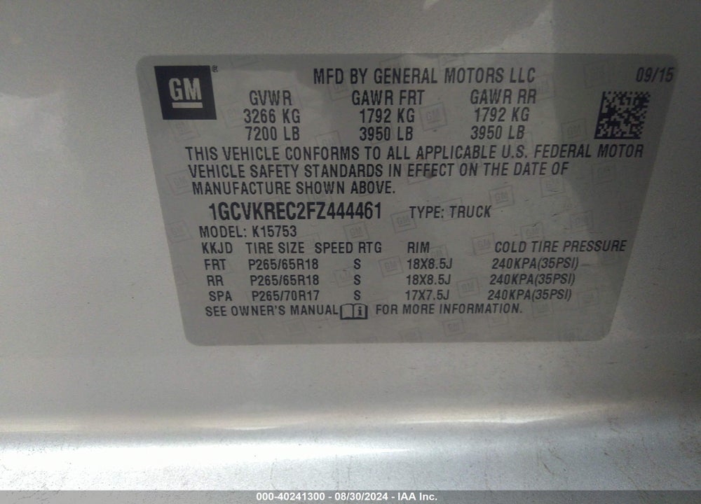 2015 CHEVROLET SILVERADO 1500 1LT VIN: 1GCVKREC2FZ444461
