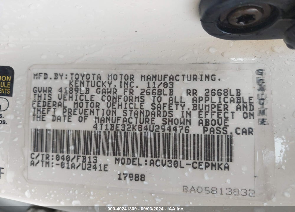 2004 TOYOTA CAMRY LE VIN: 4T1BE32K84U294476