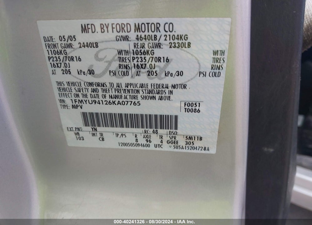2006 FORD ESCAPE LIMITED VIN: 1FMYU94126KA07765