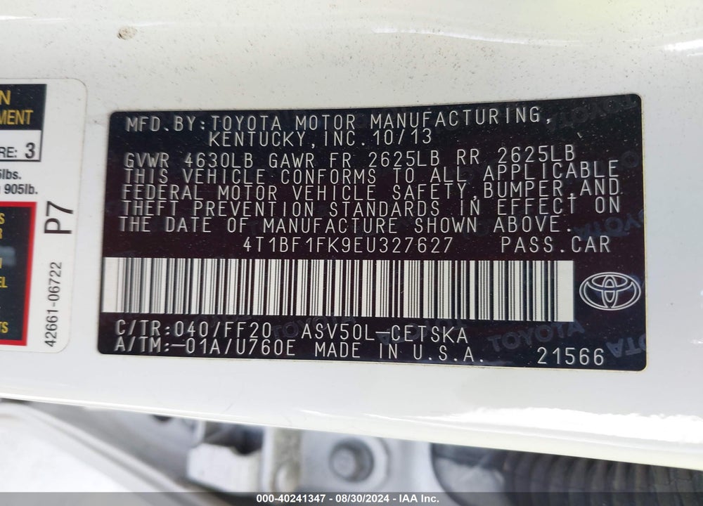 2014 TOYOTA CAMRY SE VIN: 4T1BF1FK9EU327627
