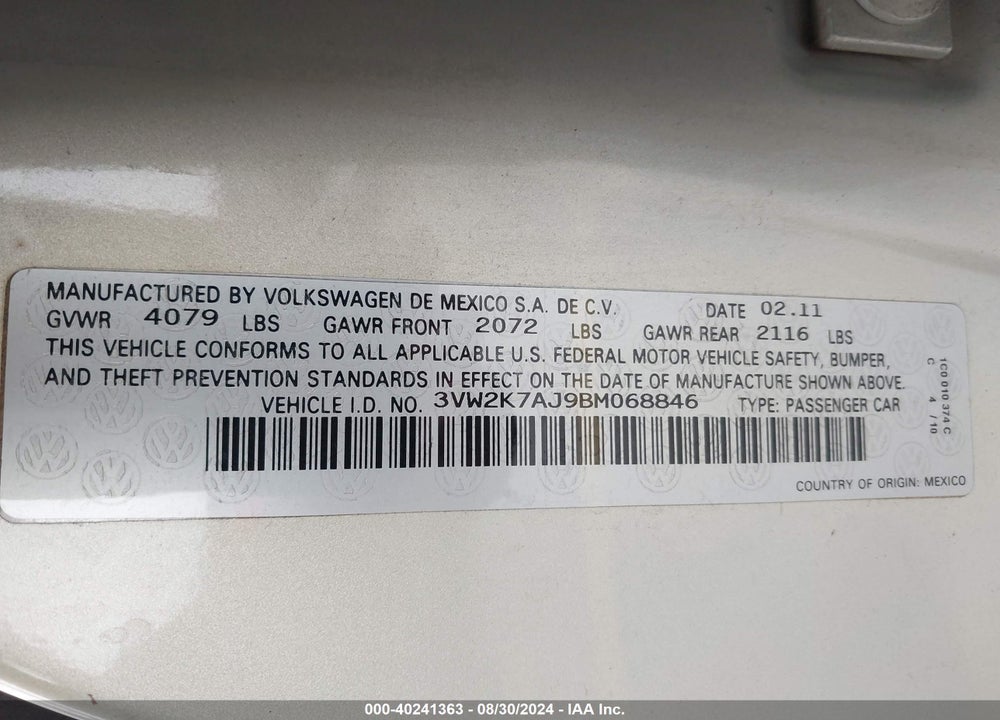 2011 VOLKSWAGEN JETTA 2.0L S VIN: 3VW2K7AJ9BM068846