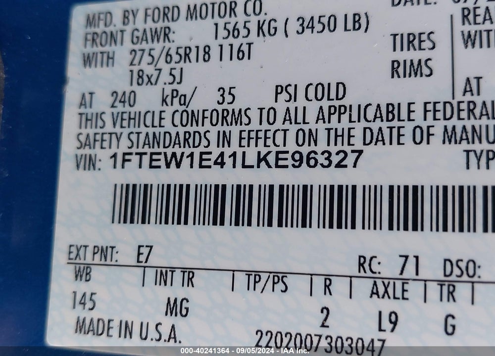 2020 FORD F-150 XLT VIN: 1FTEW1E41LKE96327