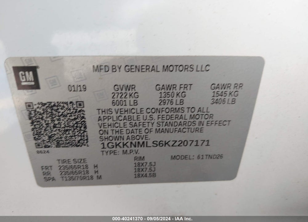 2019 GMC ACADIA SLT-1 VIN: 1GKKNMLS6KZ207171
