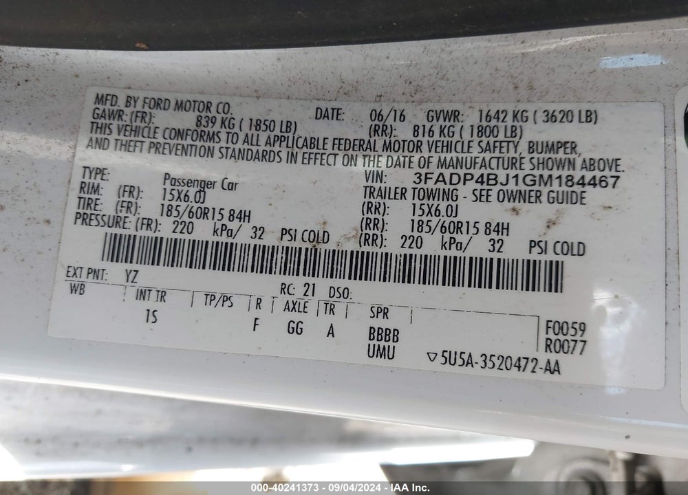 2016 FORD FIESTA SE VIN: 3FADP4BJ1GM184467