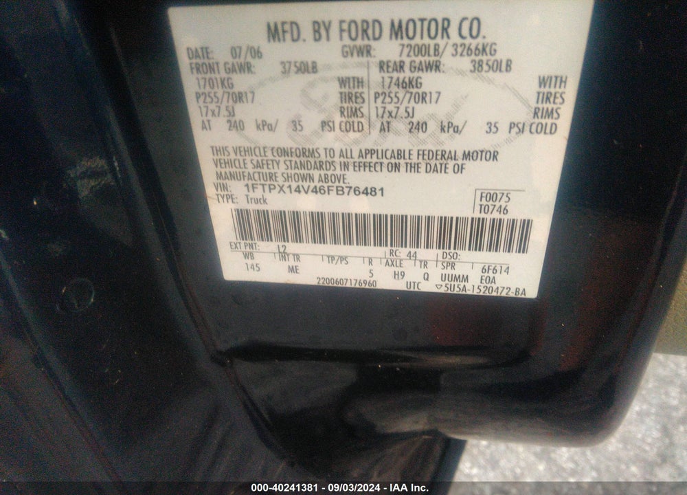 2006 FORD F-150 FX4/LARIAT/XL/XLT VIN: 1FTPX14V46FB76481