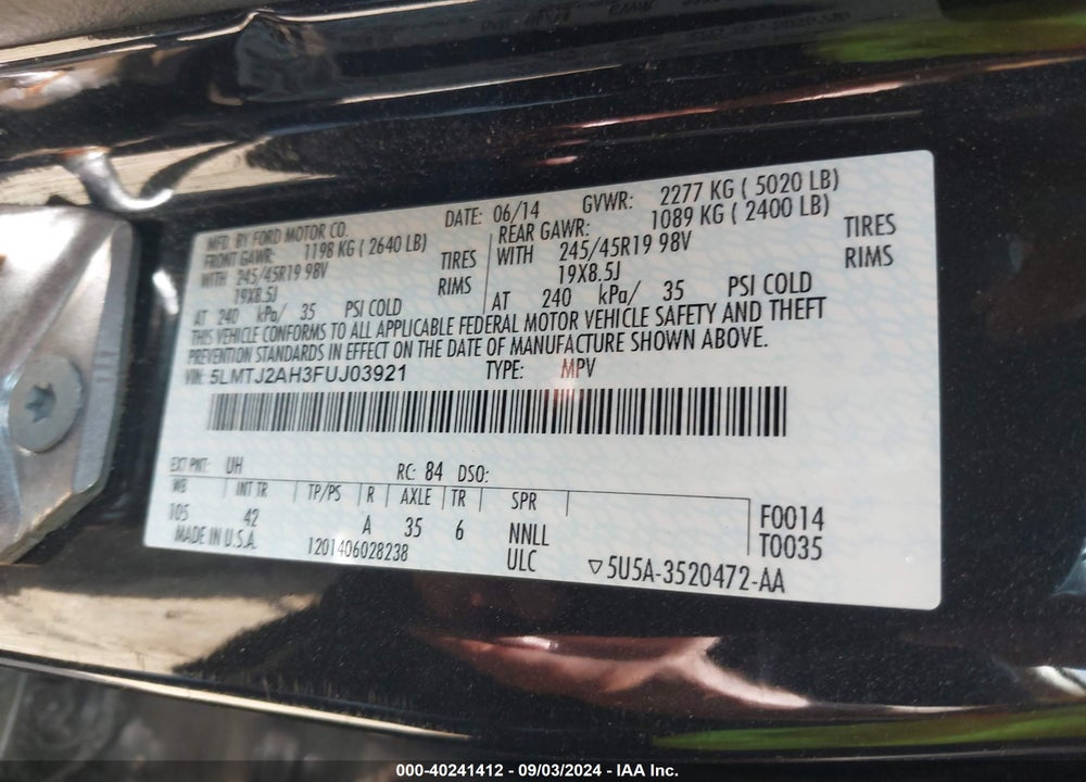 2015 LINCOLN MKC VIN: 5LMTJ2AH3FUJ03921