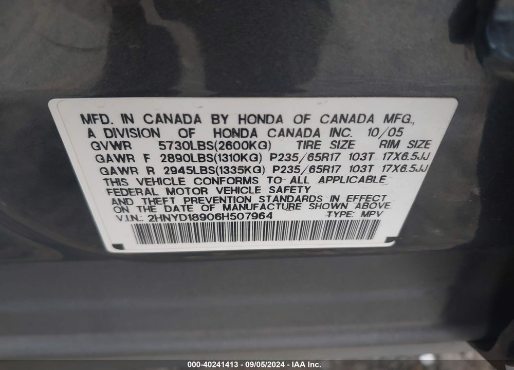 2006 ACURA MDX VIN: 2HNYD18906H507964
