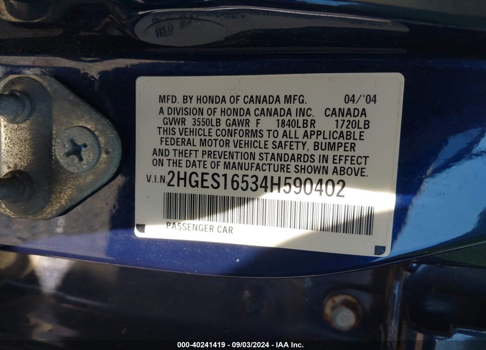 2004 HONDA CIVIC LX VIN: 2HGES16534H590402