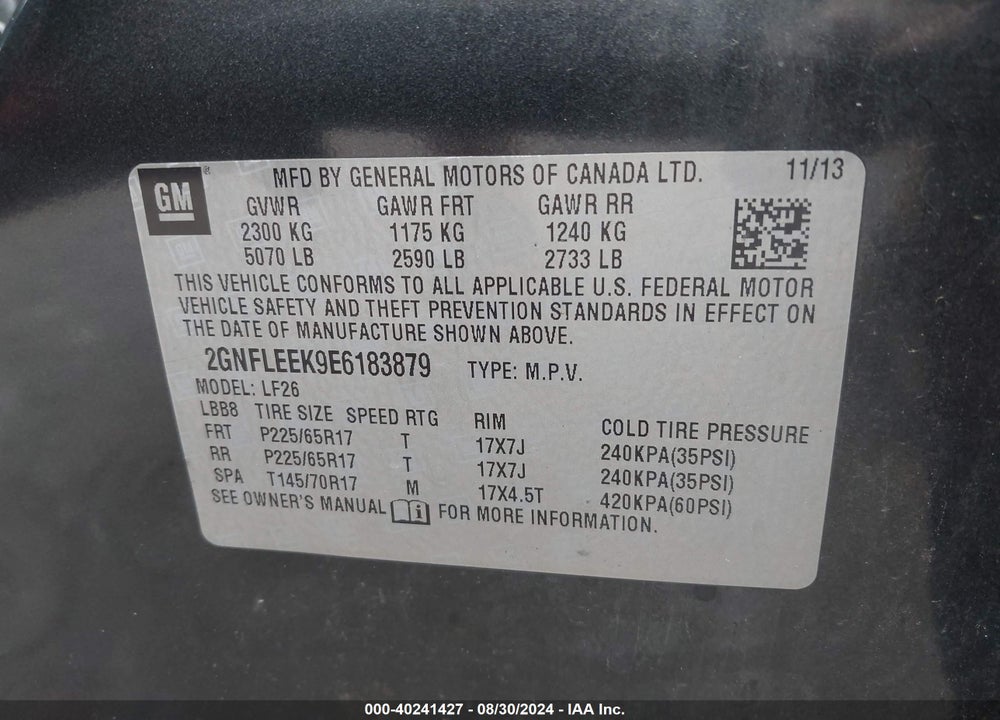 2014 CHEVROLET EQUINOX LS VIN: 2GNFLEEK9E6183879