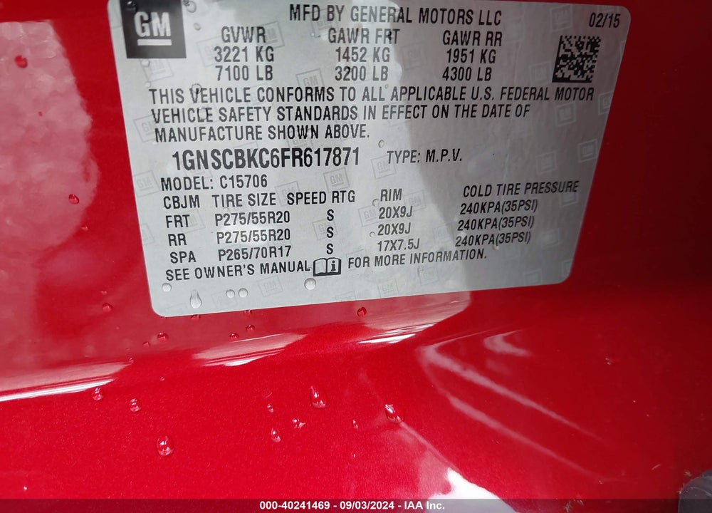 2015 CHEVROLET TAHOE LT VIN: 1GNSCBKC6FR617871