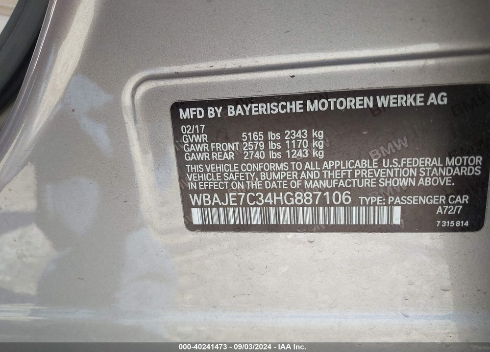 2017 BMW 540I XDRIVE VIN: WBAJE7C34HG887106