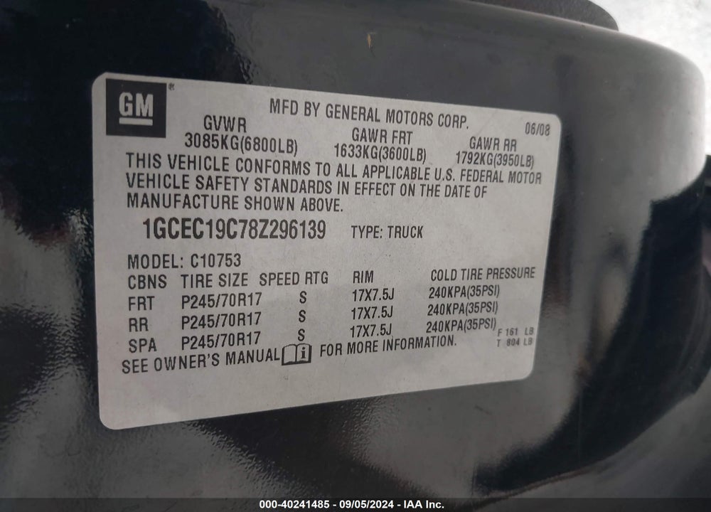 2008 CHEVROLET SILVERADO 1500 LT1 VIN: 1GCEC19C78Z296139