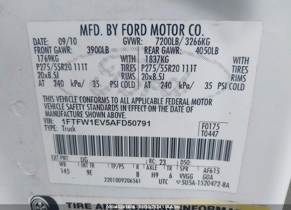 2010 FORD F-150 FX4/HARLEY-DAVIDSON/KING RANCH/LARIAT/PLATINUM/XL/XLT VIN: 1FTFW1EV5AFD50791