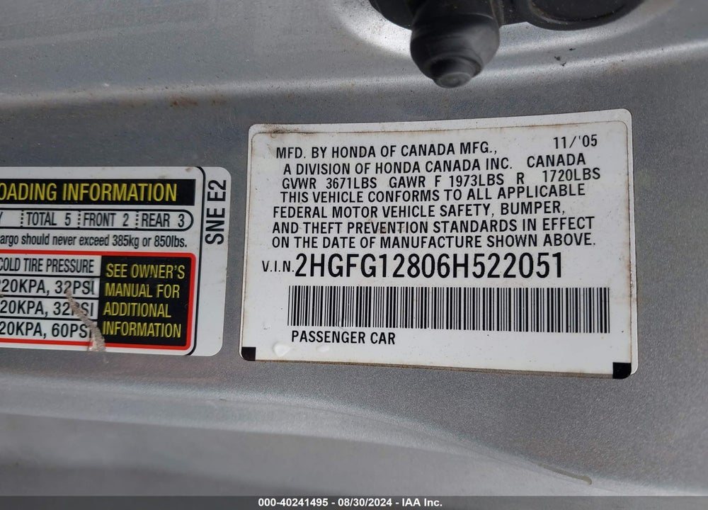 2006 HONDA CIVIC EX VIN: 2HGFG12806H522051