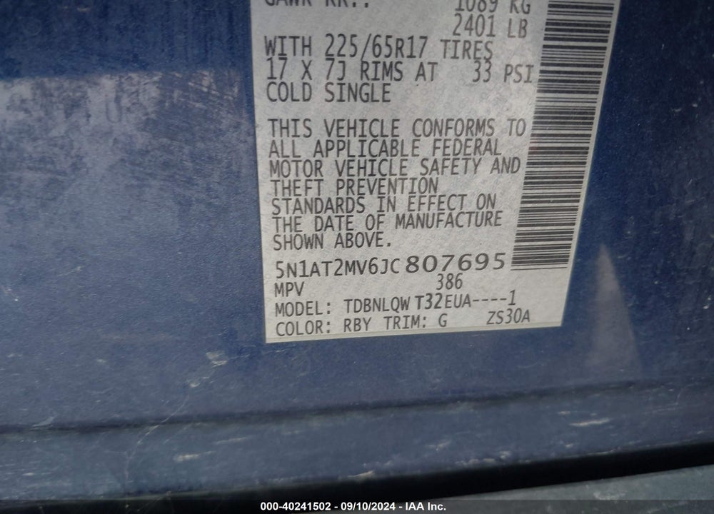 2018 NISSAN ROGUE SV VIN: 5N1AT2MV6JC807695