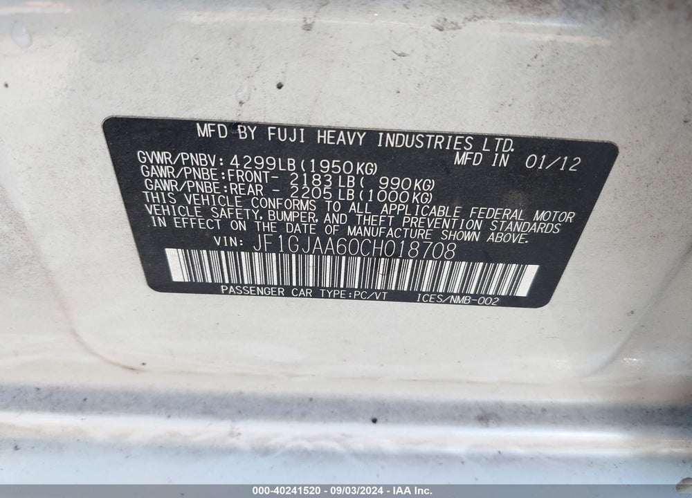 2012 SUBARU IMPREZA 2.0I VIN: JF1GJAA60CH018708
