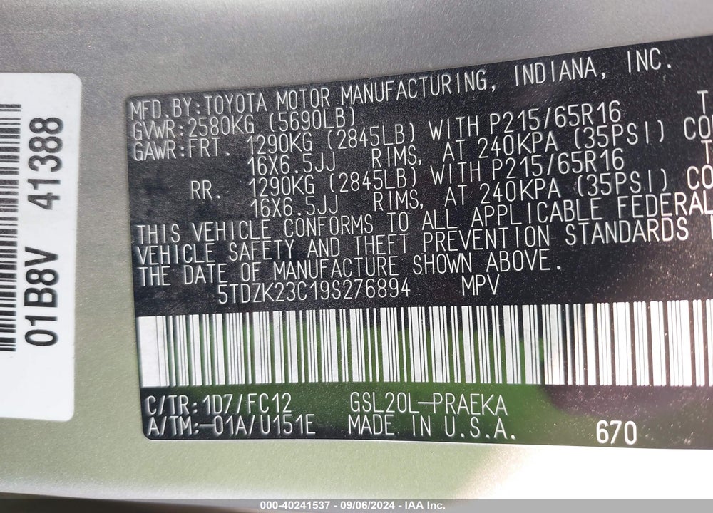 2009 TOYOTA SIENNA LE VIN: 5TDZK23C19S276894