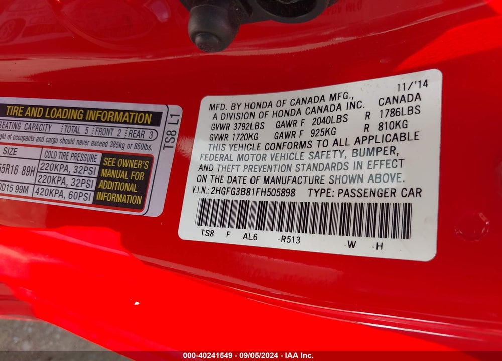 2015 HONDA CIVIC EX VIN: 2HGFG3B81FH505898