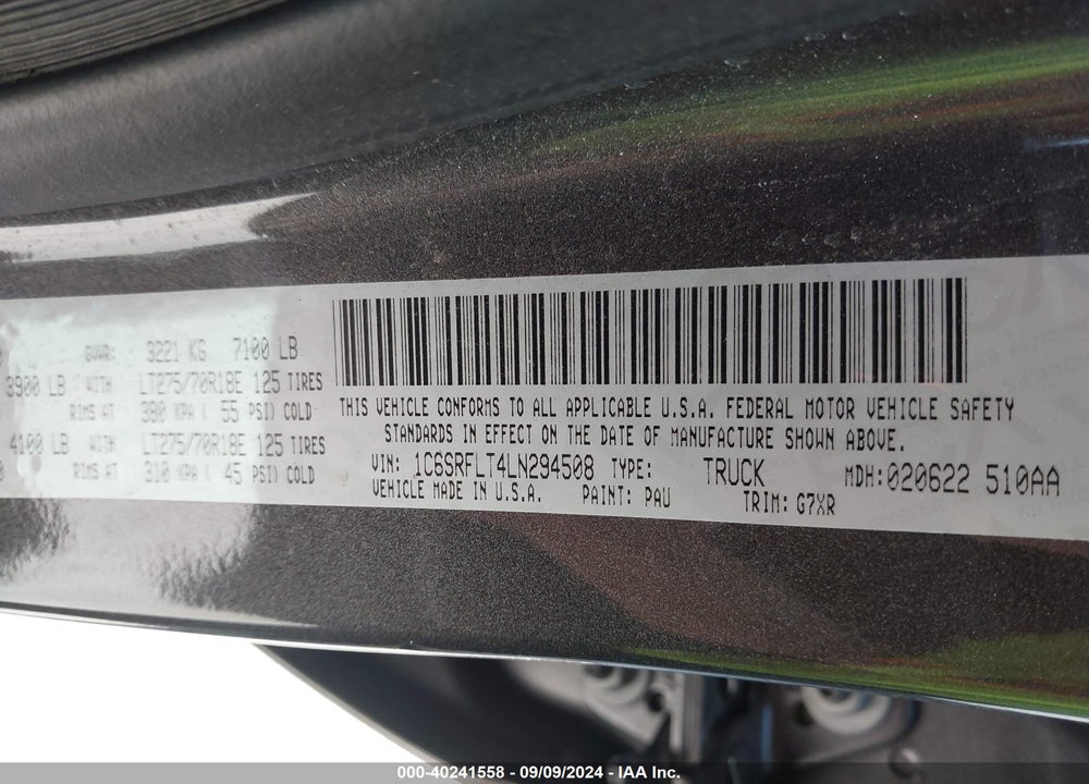 2020 RAM 1500 REBEL 4X4 5'7 BOX VIN: 1C6SRFLT4LN294508