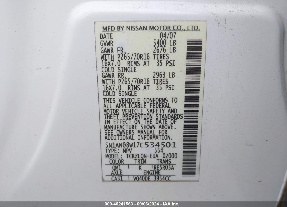 2007 NISSAN XTERRA X VIN: 5N1AN08W17C534501