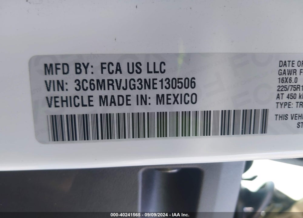 2022 RAM PROMASTER 3500 CARGO VAN HIGH ROOF 159 WB EXT VIN: 3C6MRVJG3NE130506