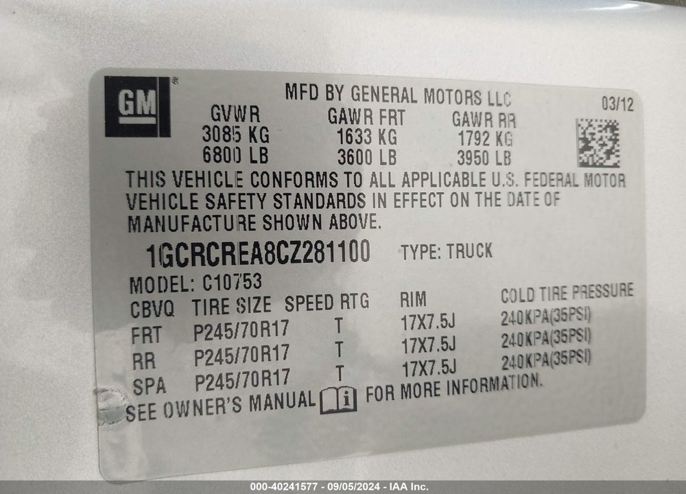 2012 CHEVROLET SILVERADO 1500 LS VIN: 1GCRCREA8CZ281100