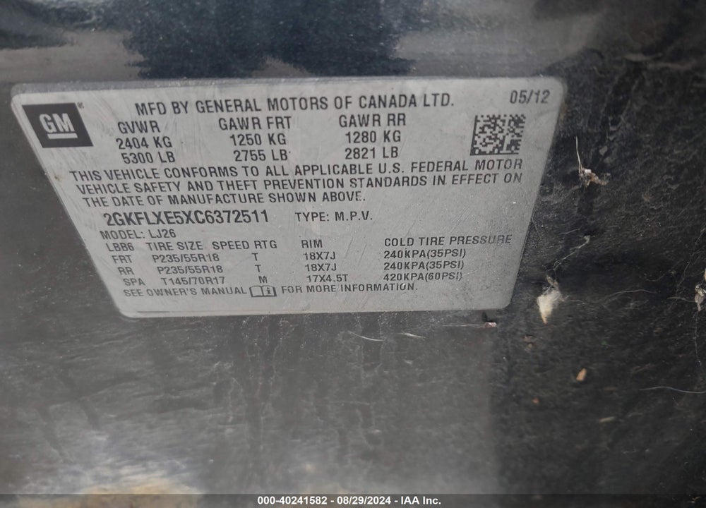 2012 GMC TERRAIN SLT-2 VIN: 2GKFLXE5XC6372511