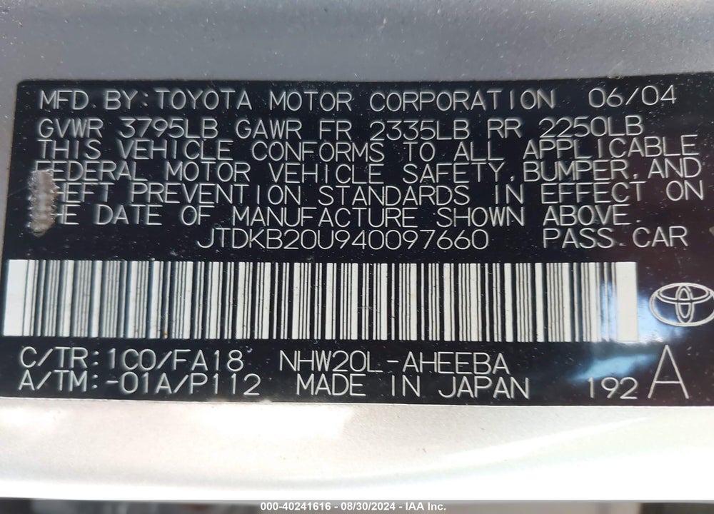 2004 TOYOTA PRIUS VIN: JTDKB20U940097660