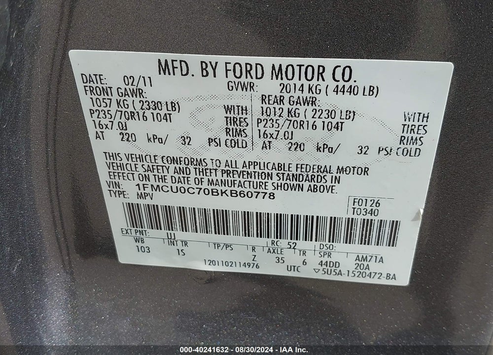 2011 FORD ESCAPE VIN: 1FMCU0C70BKB60778