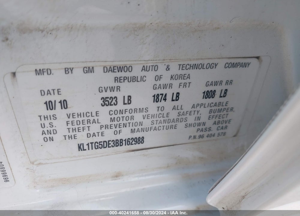 2011 CHEVROLET AVEO 2LT VIN: KL1TG5DE3BB162988