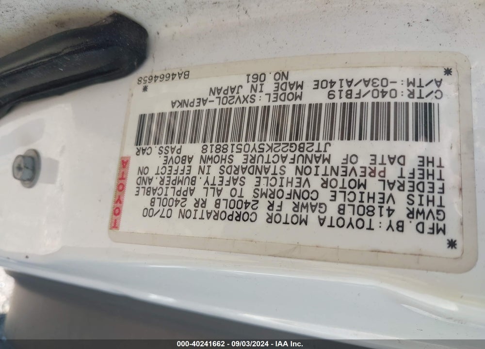 2000 TOYOTA CAMRY LE VIN: JT2BG22K5Y0518818
