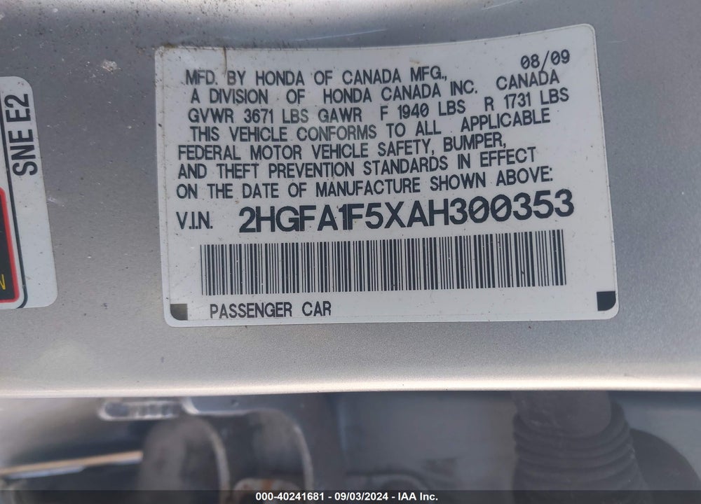 2010 HONDA CIVIC VIN: 2HGFA1F5XAH300353