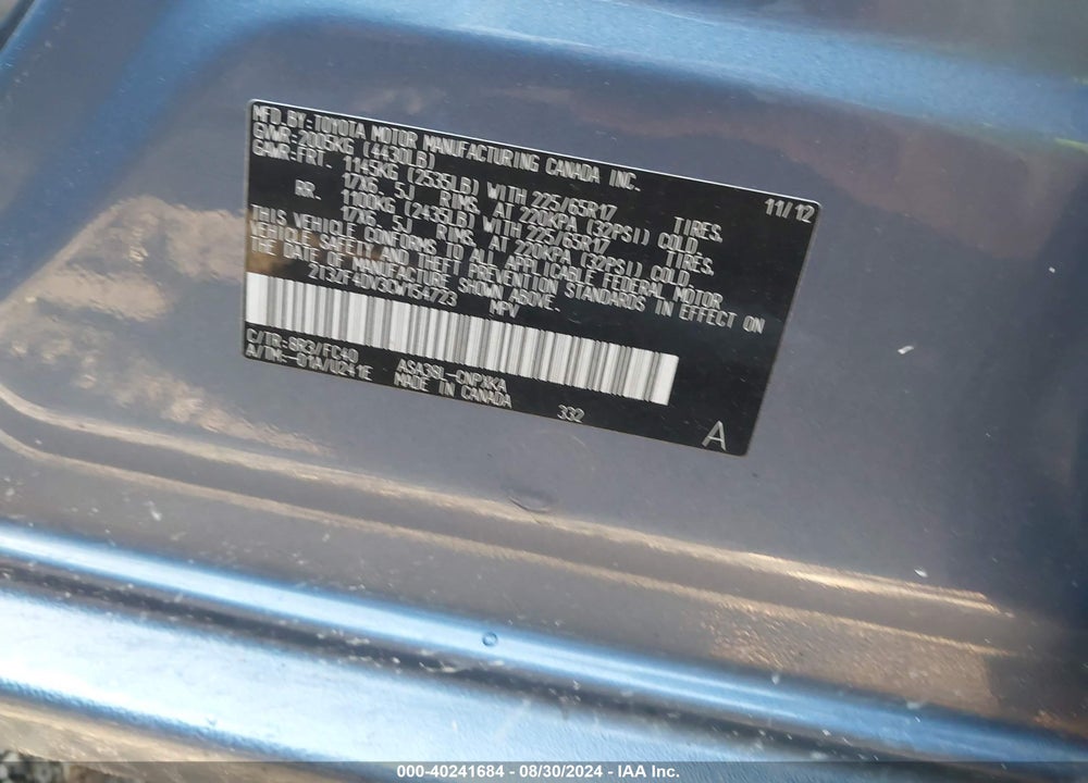 2012 TOYOTA RAV4 VIN: 2T3ZF4DV3CW154723