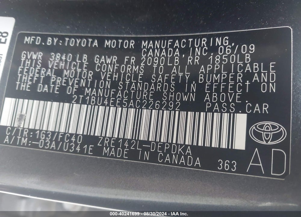 2010 TOYOTA COROLLA LE VIN: 2T1BU4EE5AC226292