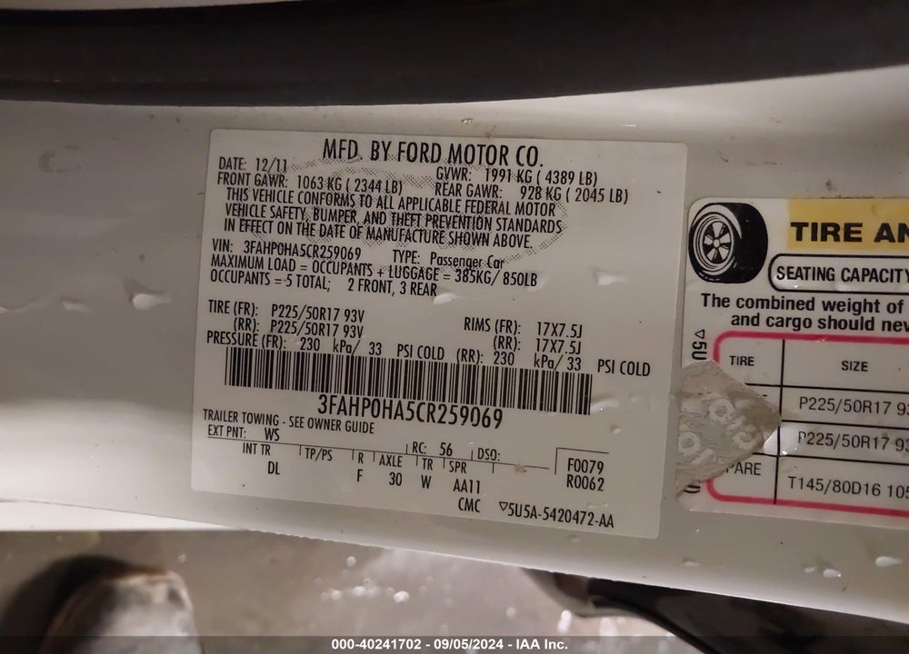 2012 FORD FUSION SE VIN: 3FAHP0HA5CR259069