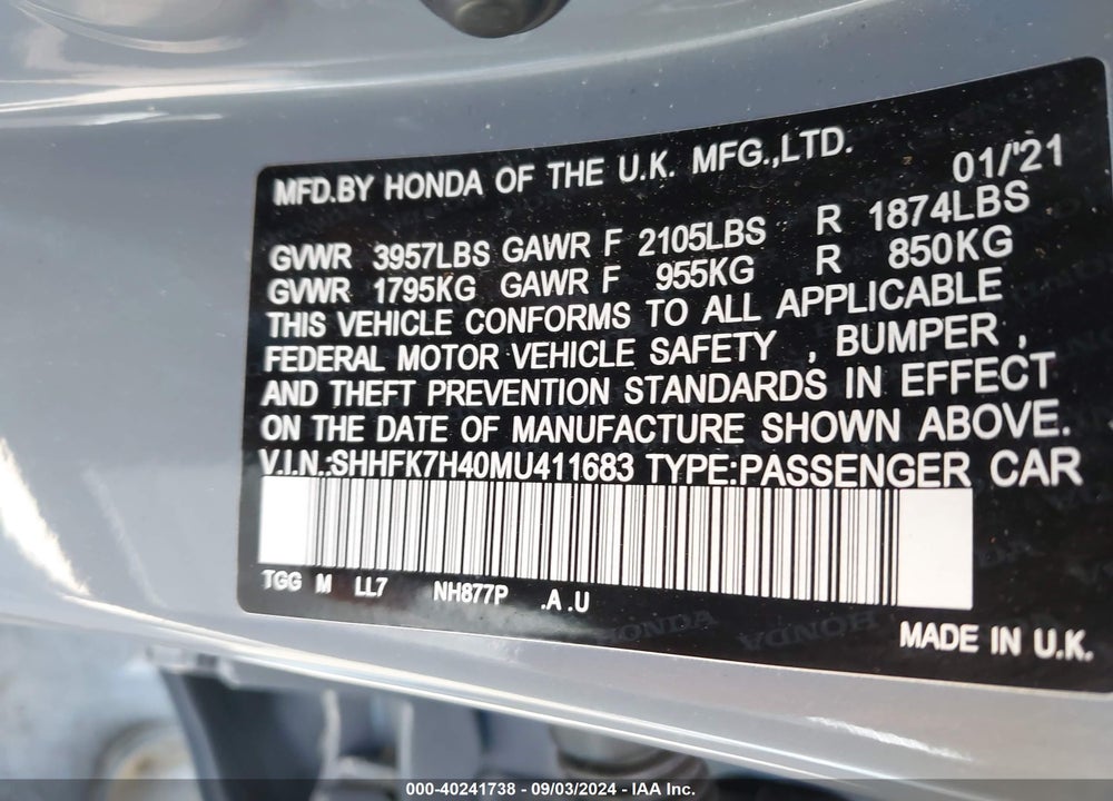 2021 HONDA CIVIC SPORT VIN: SHHFK7H40MU411683